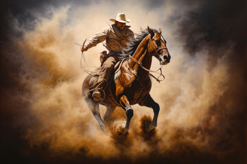 Rodeo cowboy ring a horse and kicking up dust - obrazy, fototapety, plakaty