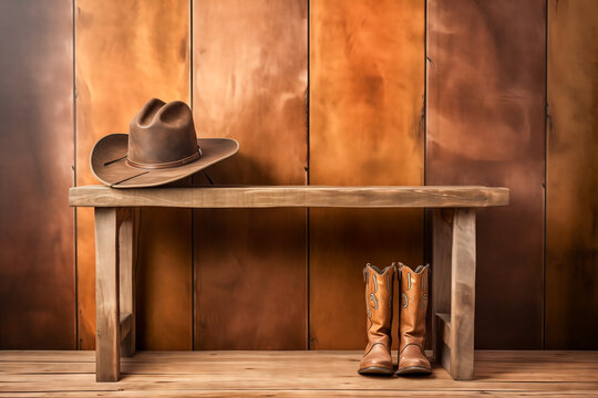 Western cowboy hat and boots against a wooden wall in a bunkhouse / changing room