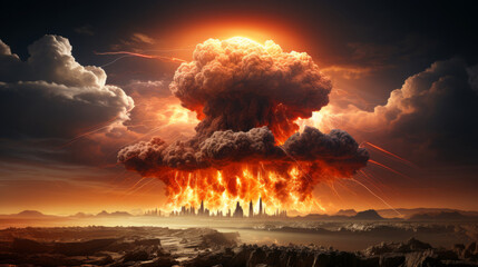 Nuclear explosion with mushroom cloud over urban landscape. Atomic bomb apocalyptic scenario - obrazy, fototapety, plakaty