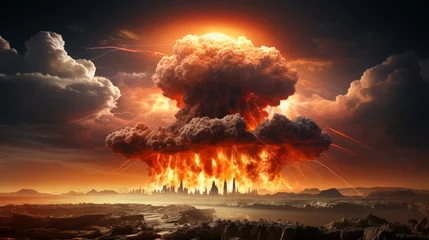 Foto op Plexiglas Nuclear explosion with mushroom cloud over urban landscape. Atomic bomb apocalyptic scenario © LiliGraphie