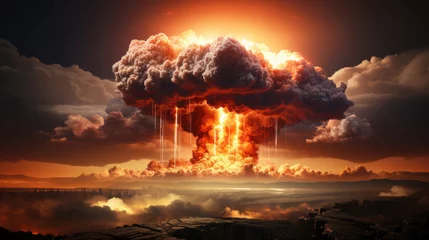 Keuken spatwand met foto Nuclear Explosion Over Urban Landscape. Massive Atomic Bomb Cloud Engulfs City at Sunset. Post apocalypse © LiliGraphie
