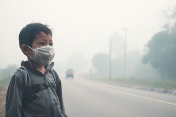 asian child standing beside the road wearing a mask from air pollution - obrazy, fototapety, plakaty