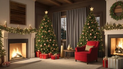 christmas tree with fireplace and gifts