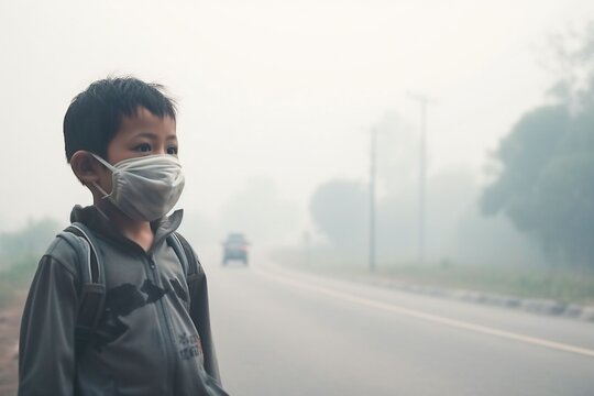 asian child standing beside the road wearing a mask from air pollution