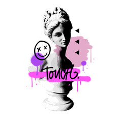 Urban street style vaporwave female Greek statue in halftone style with graffiti abstract shapes and typo print. Trendy pop art Graphic sculpture vector concept for tee - t shirt - obrazy, fototapety, plakaty