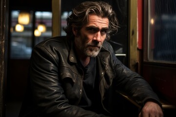 Fototapeta na wymiar Portrait of a man in a leather jacket sitting in a cafe