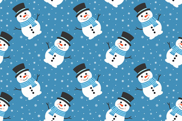 Cute Vector Snowman Seamless Pattern. Falling Snowflakes on Blue Background. Christmas and New Year Design