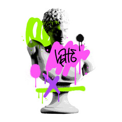 Art collage grunge poster with Halftone antique sculpture with graphic bright street art graffiti elements. Stylish crazy modern advertising trendy tee print design. 90s Magazine zine style. Vector © LanaSham