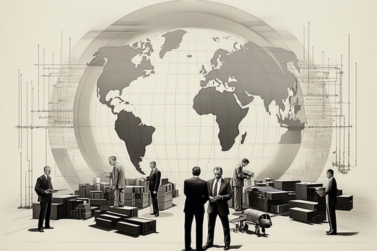 Global business meeting over world map