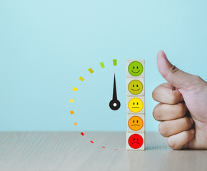 Satisfied customers give a thumbs up. Customer evaluation indicator rates wood block screen...