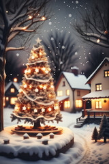 Christmas tree on snowy streets. Winter landscape of a small town decorated for Christmas and New Year.