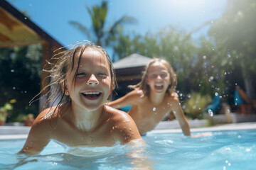 Obraz premium The group portrait of the lively and happy kids swimming and making a splash in an outdoor pool in a warm sunny day. play Generative AI.