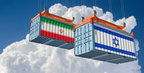 Cargo containers with Iran and Israel national flags. 3D Rendering 