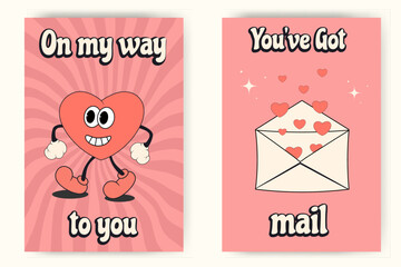 Groovy retro style Valentine's Day greeting card set with funny  heart and open envelope. Editable text effect	