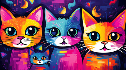 Anime Kitty Crew with Cute and Expressive Cats with Vibrant Colors.