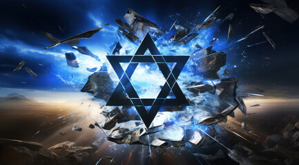 Fototapeta na wymiar Jewish David star with stone flying elements, power of the nation