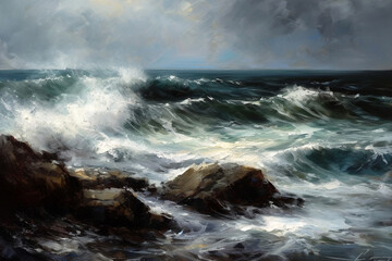 waves crashing on rocks, oil painting