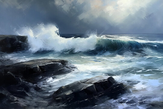waves crashing on rocks, oil painting