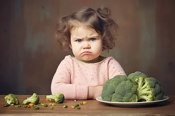 Fotobehang Early Nutrition: Disappointed Little Girl Holds Broccoli, Portraying Introduction to Vegetables © lublubachka