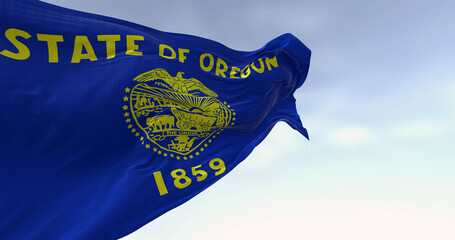 Close-up of the Oregon state flag waving