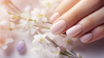 A woman's hand with a manicured nail and flowers, AI - obrazy, fototapety, plakaty