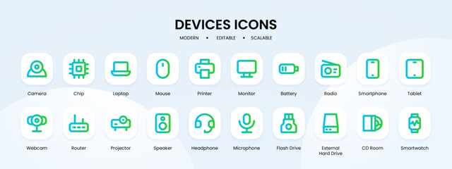 Devices icon collection with blue and green gradient outline style. web, sign, collection, device, symbol, mobile, technology. Vector Illustration