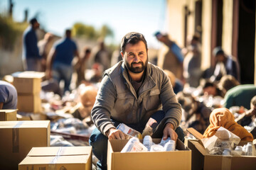 Sad male volunteer unload, collect, and distribute boxes of humanitarian aid to war-affected civilians and refugees from the conflict, ensuring their safety and well-being during this crisis - obrazy, fototapety, plakaty