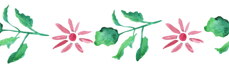 Watercolor botanic, Leaf and flower border. Seamless herbal composition for greeting card. Spring Border with leaves and flower isolated on white backgrond.