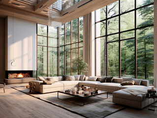 modern living room with fireplace and sofas