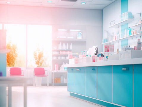 Pharmacy drugstore interior with equipment. 3d rendering toned image