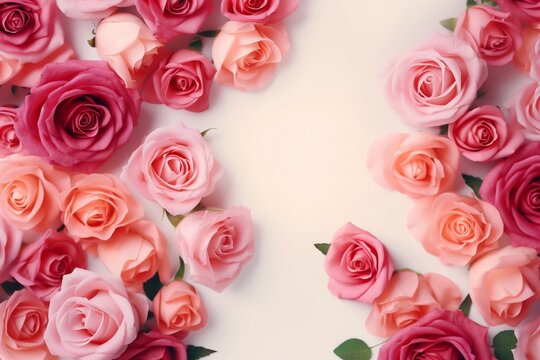 Women's Day concept. Top view photo of pink peony rose buds and sprinkles on isolated pastel pink background with copyspace. Generative AI