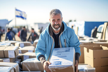 Male volunteers unload, collect, and distribute boxes of humanitarian aid to war-affected civilians and refugees from the conflict, ensuring their safety and well-being during this crisis - obrazy, fototapety, plakaty