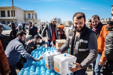 A male volunteer distributes boxes of clean drinking water and humanitarian aid to a war-affected woman in a hijab, civilians affected by the war conflict - obrazy, fototapety, plakaty