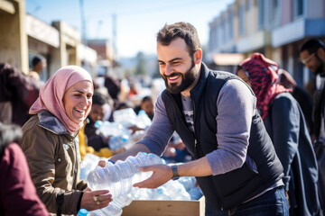 A male volunteer distributes boxes of clean drinking water and humanitarian aid to a war-affected woman in a hijab, civilians affected by the war conflict