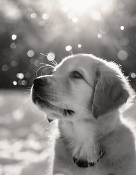 Golden Retriever Puppy Looks Up at Snow, Dog Lover Images, Puppy Photos, Cute Photo of Dog