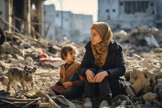 Mother and child are sitting on the ruins of a destroyed house against the backdrop of the city, collapse buildings area in Palestine Israel war conflict. Concept support refugee, Humanitarian crisis