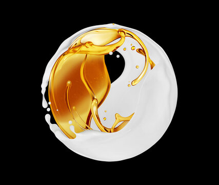 Oil and milk splashes in spherical shape isolated on black background