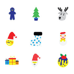 Christmas decorative collection with funny Santa Claus, Christmas toys, Christmas tree and holiday elements. Christmas icon