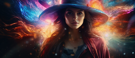 Fototapeta premium Enchantress in Colors: A Stunning and Vibrant Portrayal of a Mystical Female Wizard, Perfect for Screensavers and Desktop Backgrounds 