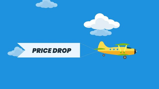 Aircrafts in sky with price drop text banners cartoon animation. plane flying with advertising ribbons.
