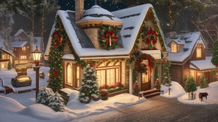 Fototapeta na wymiar Houses decorated for Christmas. Holiday atmosphere.