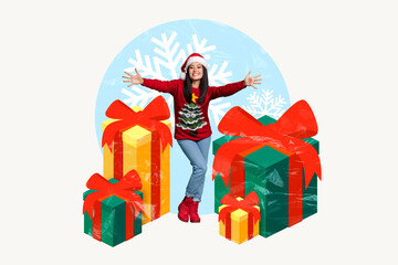 Collage 3d image of pinup pop retro sketch of stretch hands receive presents new year x-mas magazine sketch christmas shopping advert