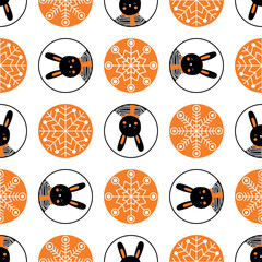 black rabbit and orange snowflakes. Winter pattern for holidays fabric, home decor, pajamas, kids apparel