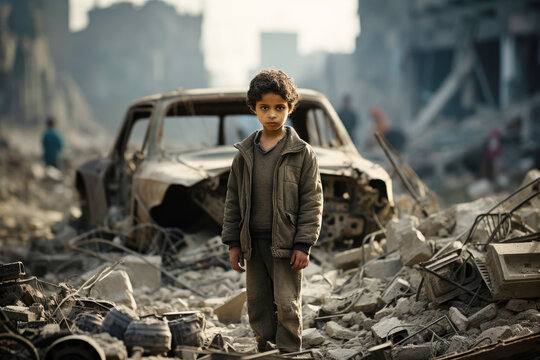 Portrait of a sad poor orphan boy in destroyed city standing in front of collapse buildings area. War conflict victim. Concept of support refugee, children's right, Humanitarian crisis