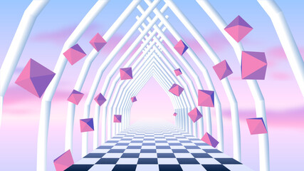 Vaporwave corridor of pillars with flying 3D donut shapes and sun in 90s style. Abstract surreal retro background for party poster or music cover.