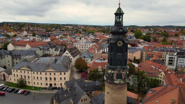 Best aerial top view flight drone. Cityscape City Culture Weimar fall Germany