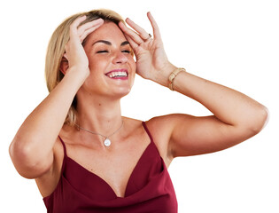 Fototapeta premium Fashion, beauty and woman laughing, smile and elegant dress isolated on a transparent background. Person, cosmetics and model with trendy clothes, png or aesthetic makeup with a stylish outfit