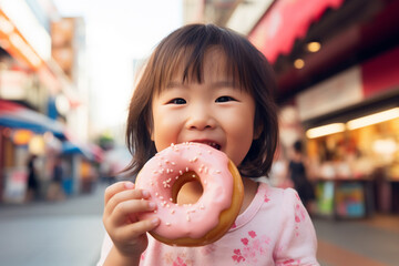 The portrait of a little cute Asian girl holding a delicious icing donut with two hands and eating happily on a city street. Generative AI.