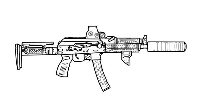 Close-up of a black Vityaz PP-19-01 rifle on an isolated white background. Art Line. High quality illustration. Military weapons, gun concepts. 