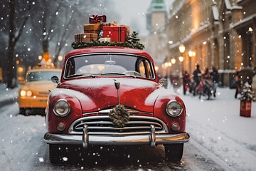 retro car decorated to Christmas holidays on the street, with lots of present boxes. holiday city...